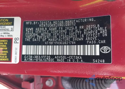 2012 Toyota Camry Se Limited Edition from USA, damaged, VIN 4T1BF1FK9CU621784